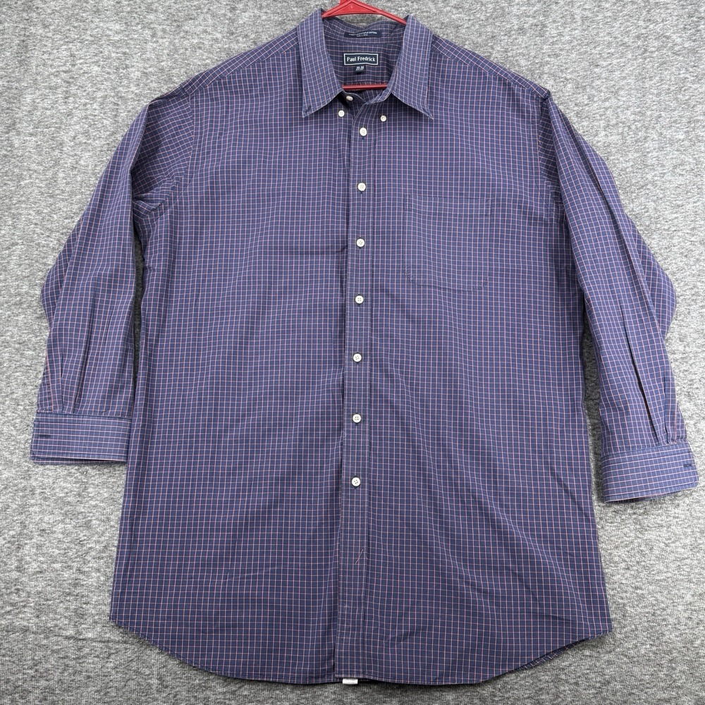 Paul Fredrick Mens Big Tall Dress Shirt 20 35 Navy Orange Windowpane Button Down